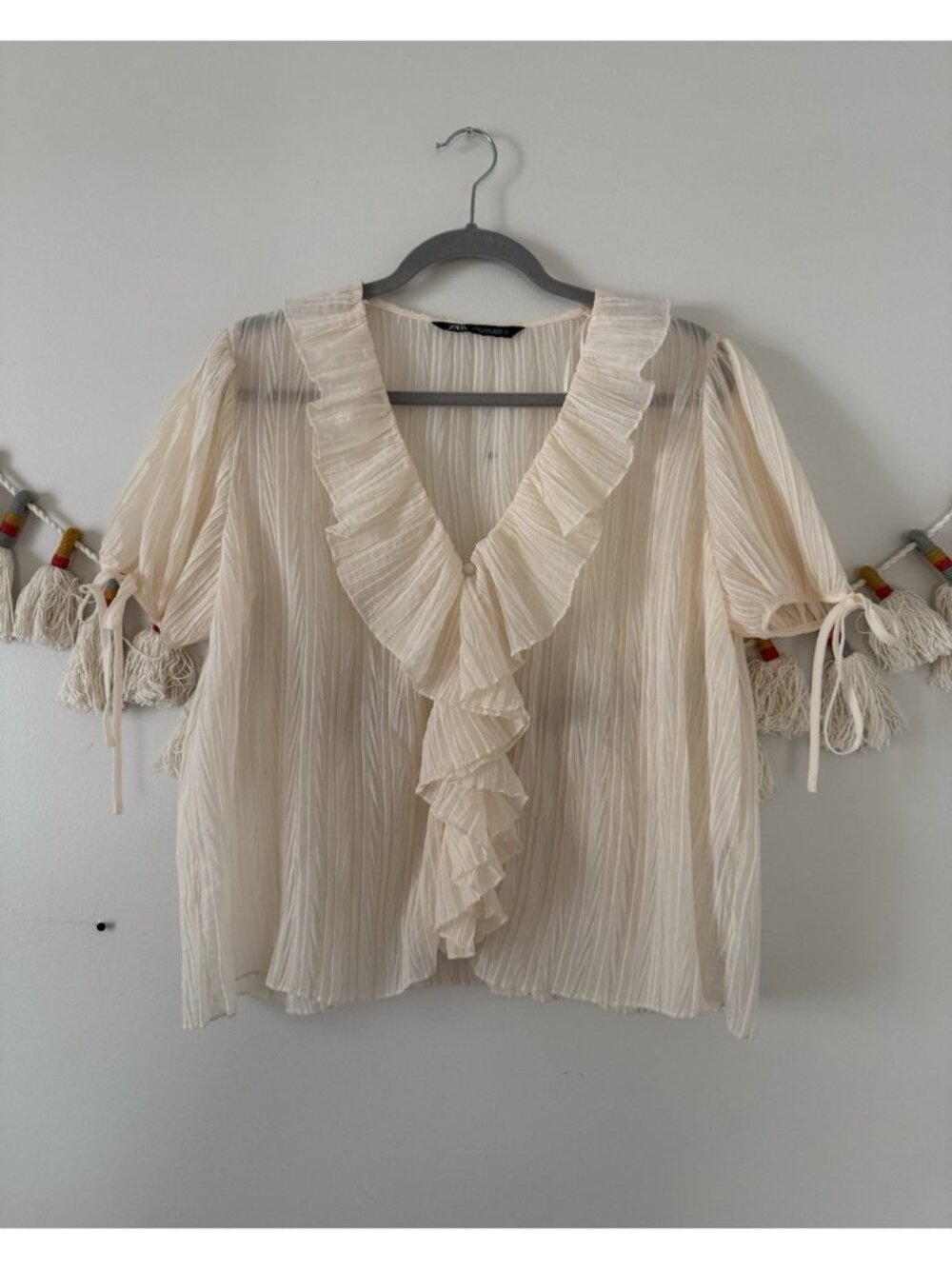 Zara Sheer Pleated Ruffled V-neck Tie Sleeve Top Cream Dainty Cottagecore M